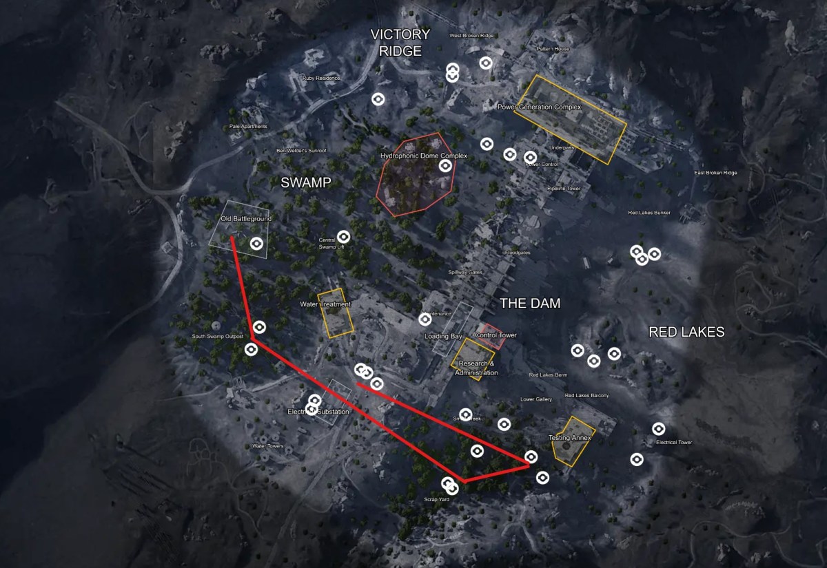 Dam Battlegrounds route line highlighting Scrapyard and Old Battleground courier sweep